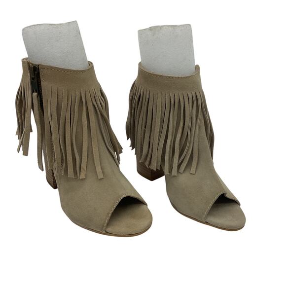 Nine West Tan Suede Women's Fringe Peeptoe Western Booties Size 6.5 - Preowned - Picture 1 of 8
